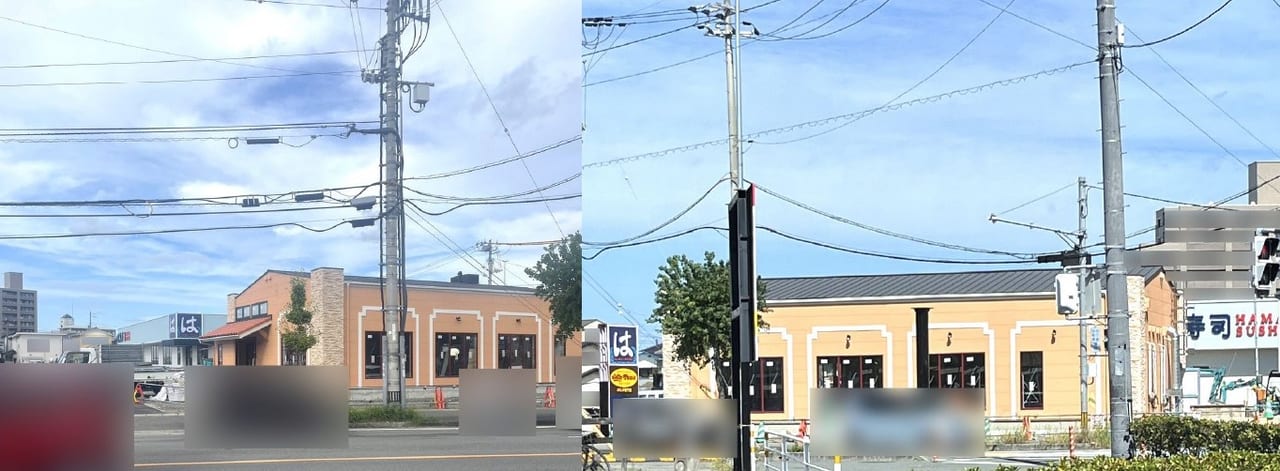 新築工事中の「はま寿司」＆「ジョリーパスタ」の外観や看板など。画像提供：「ちわわ」様（左側の画像）、「匿名ママ」様（右側の画像）