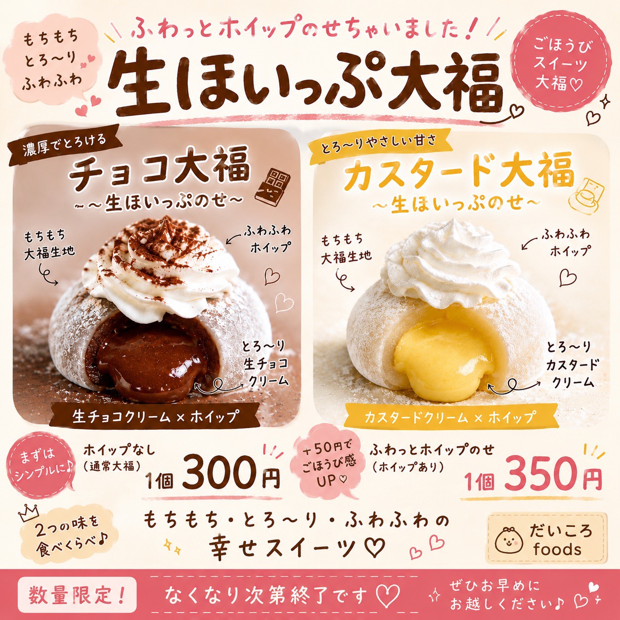 「生ほいっぷ大福」のメニュー。画像提供:「だいころfoods」